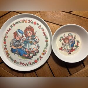 Vintage Raggedy Ann & Andy Bowl Plate Dinnerware Set Apple Candy Cupcake